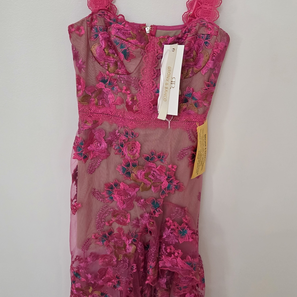 **NWT** BRONX & BANCO Vibrant Pink Asymmetrical Lace Dress - Picture 11 of 11